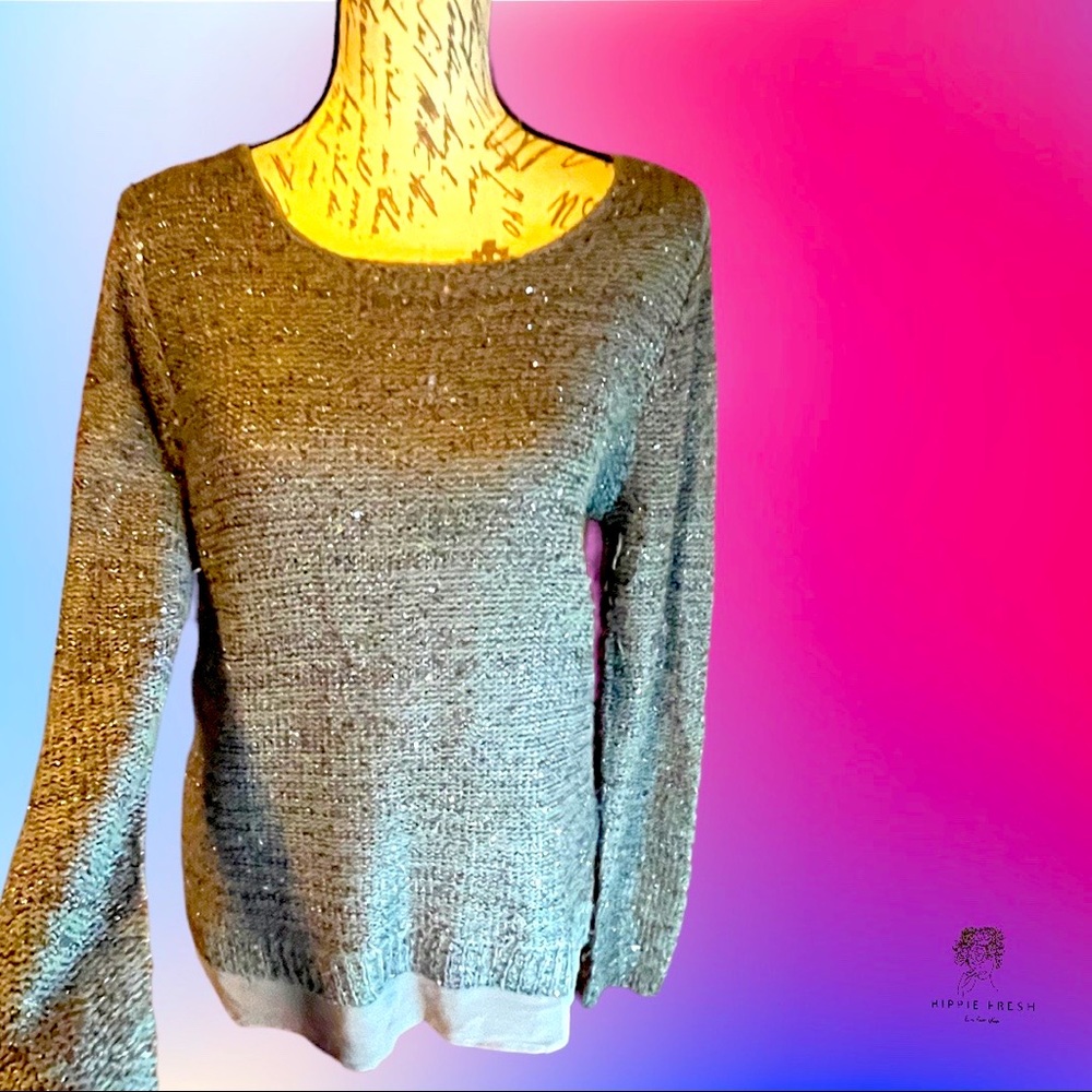 Marled Reunited Charcoal Gray Sparkling Sweater with Chiffon Hem Size M